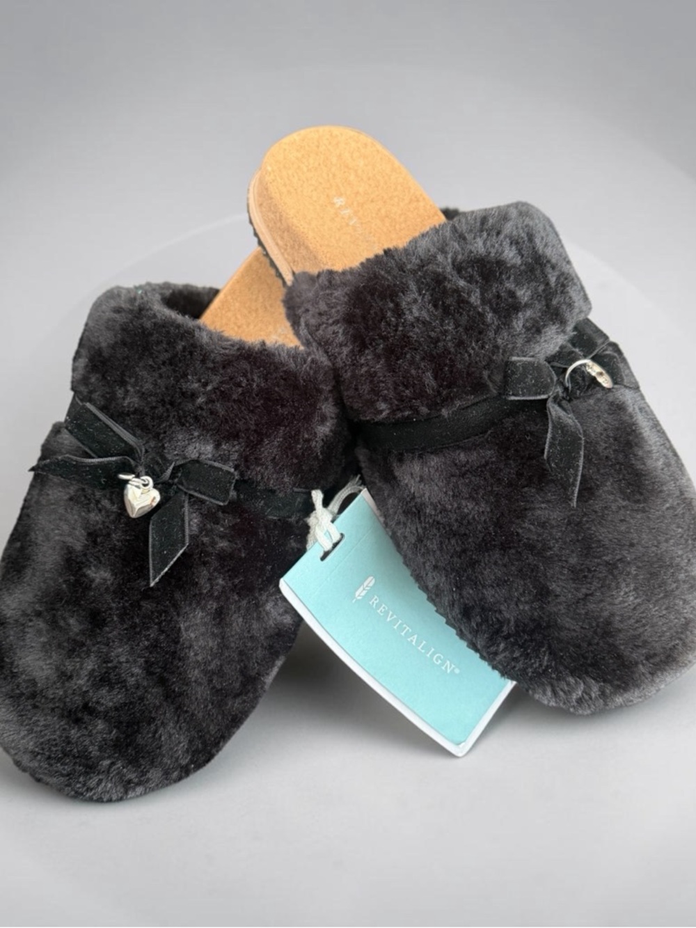 REVITALIGN Women's Black Faux Fur Clog Slippers with Heart Charm